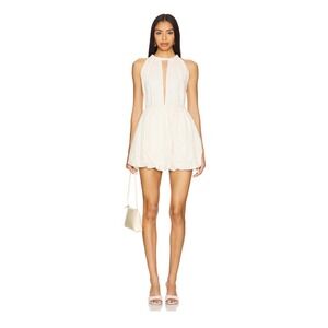 Line and Dot Cream Eyelet Halter Mini Dress Bubble Hem Keyhole Back Vacation S